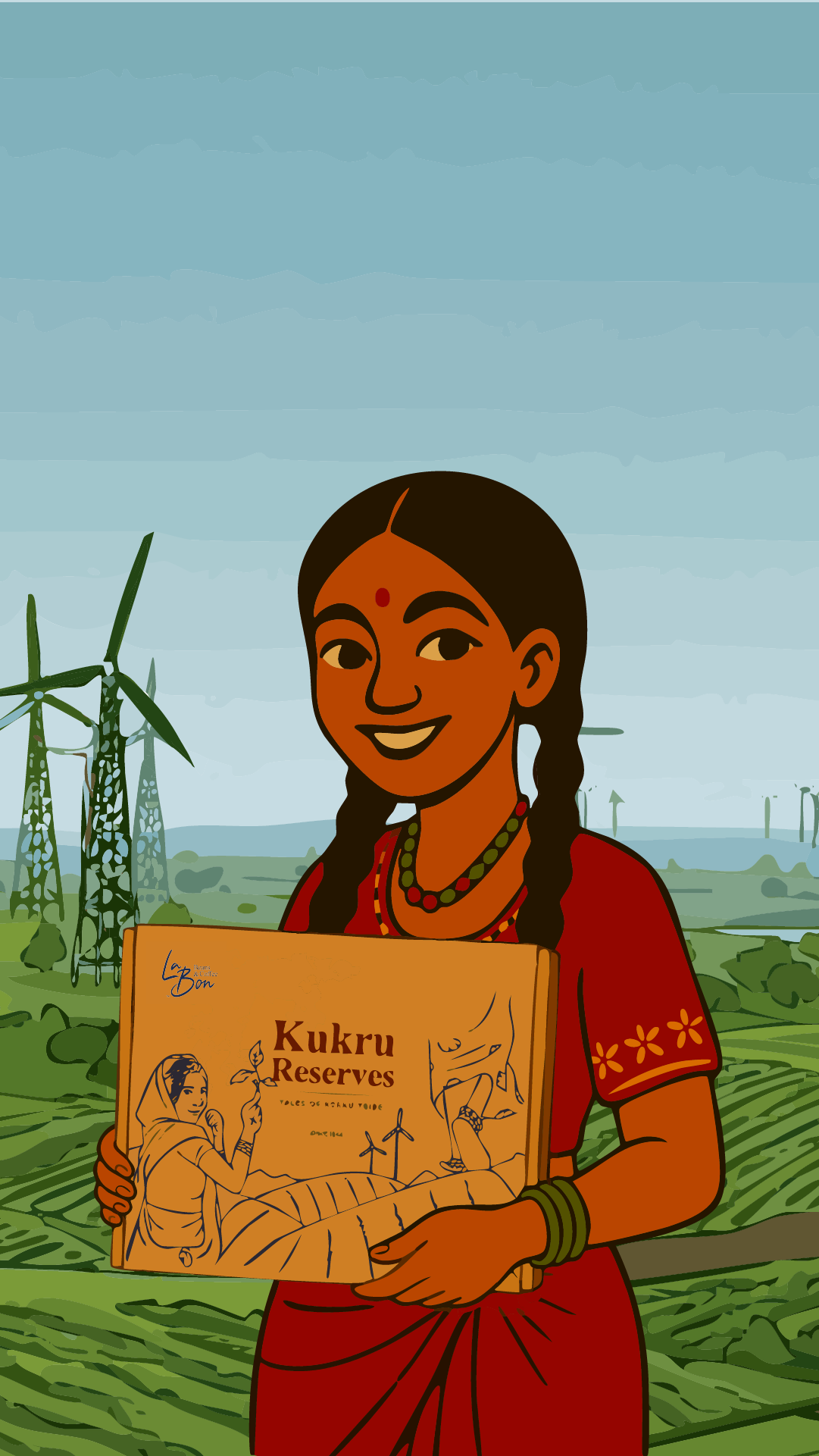Illustration of Imli holding a box of Kukru Reserves coffee, with wind turbines and farmland behind her